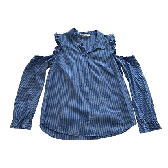 BCBGeneration Women’s Blue White Pin Striped Ruffle Cold Shoulder Top Shirt Sz L - Picture 3 of 8